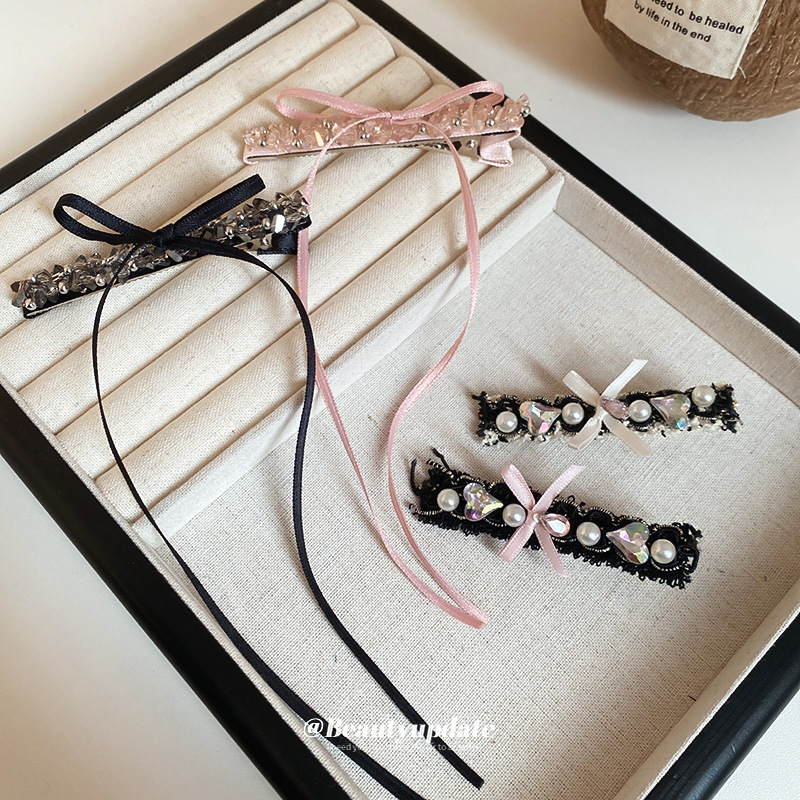 Pinza para el cabello con lazo de perlas de amor con diamantes, clip para flequillo de temperamento de nicho, clip para la boca de pato, lujo ligero, tocado de alta calidad