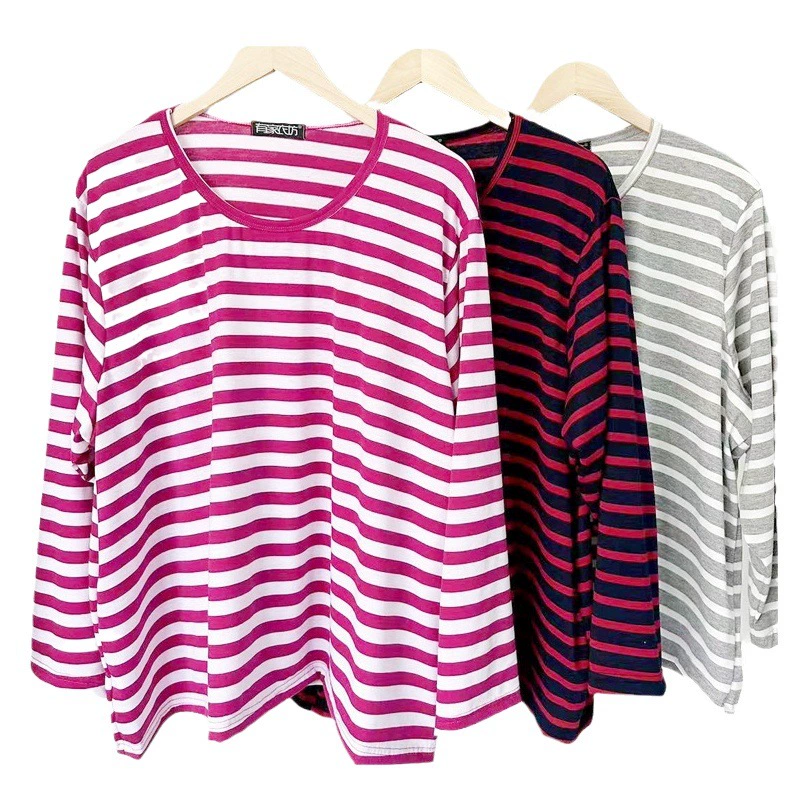 Женская одежда больших размеров 200 кг 300 кг рубашка с длинными рукавами, толстая эластичная полосатая свободная футболка с длинными рукавами, топ, осенняя одежда