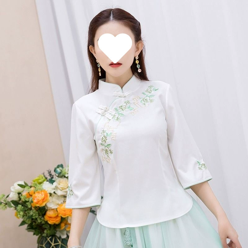 Весенне-летняя облегающая женская одежда Hanfu в китайском стиле с традиционными китайскими элементами, улучшенный топ с вышивкой в ​​стиле ретро и сетчатая юбка.