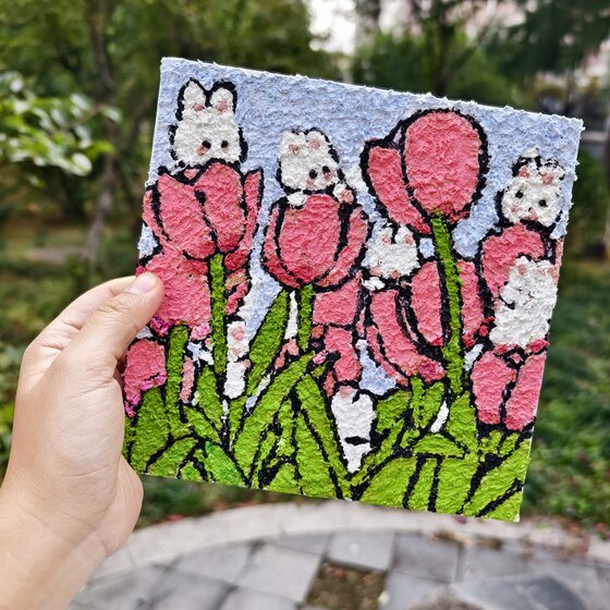 Pulp mud painting stamp painting 3D Sanrio paste painting children's full diy handmade toys non-heritage cultural group building