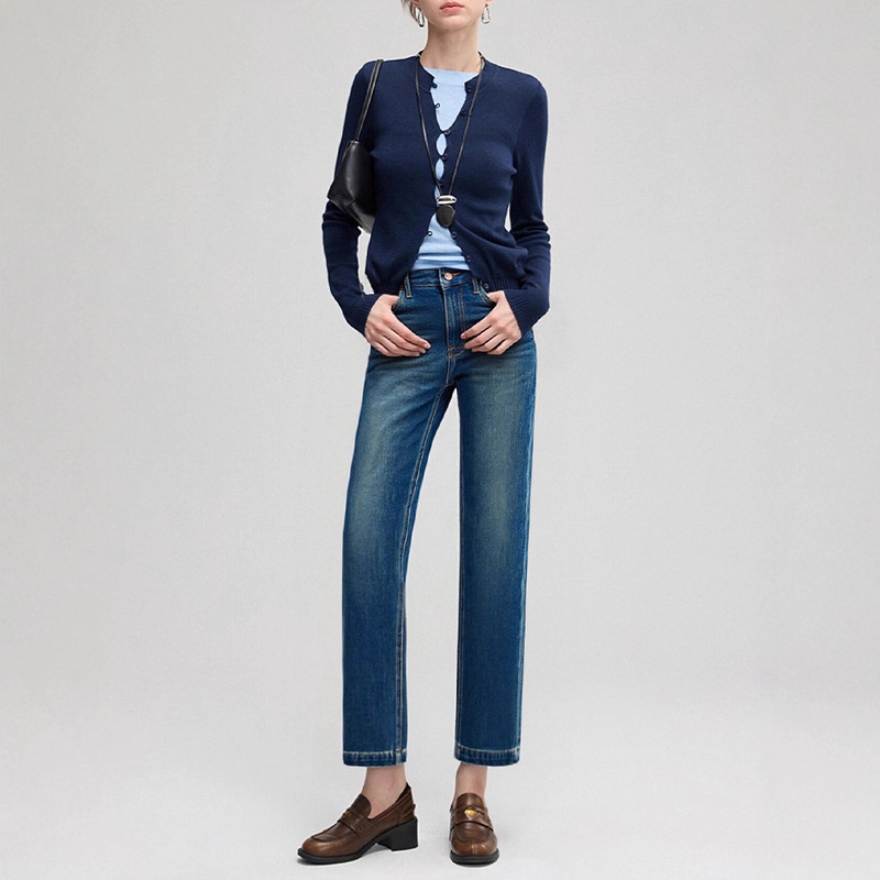 Warm Baguette Pants! Fleece-Lined Cigarette Pants Jeans Straight-Leg Pants Retro Blue Slimming Versatile 1016