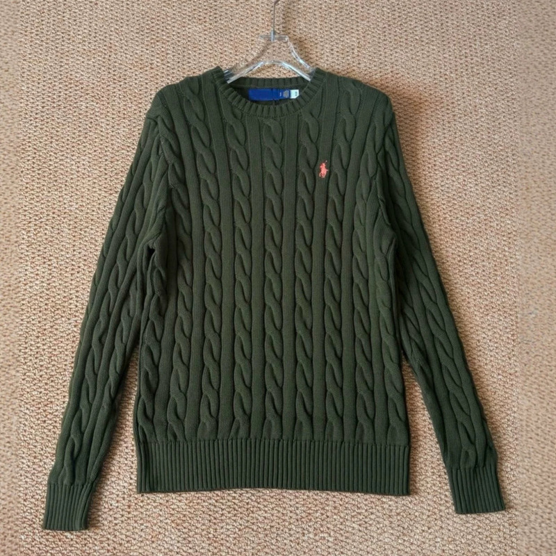 [Original Label with Qr Code] Ralph Lauren Knitwear Round Neck Cable Knit Women's Sweater Olive Green Long Sleeve