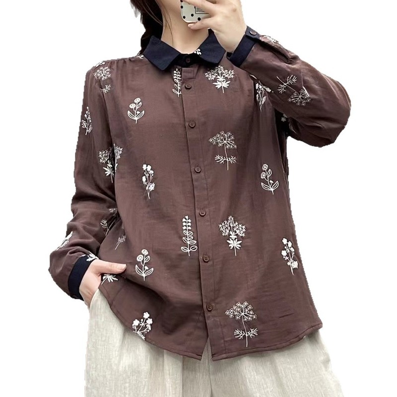 森系文艺长袖衬衫女小清新刺绣撞色拼接柔软亲肤棉质双层棉纱上衣|undefined
