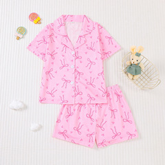跨境外贸新款四季中童女孩睡衣套装短袖短裤开衫印花kid pajama