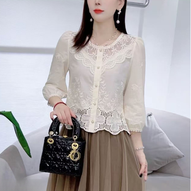 棉新款早秋七分袖衬衫女新款淑女小衫宽松甜美百搭上衣女杏色|undefined