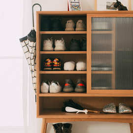 谷仓门鞋柜现代简约收纳柜樱桃木实木储物柜玻璃门简约玄关柜