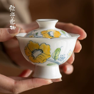 弥言纯手绘釉下彩牵牛花盖碗家用小号泡茶碗茶杯高档描金功夫茶具