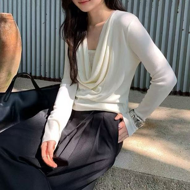 纯欲荡领露锁骨针织衫女秋冬高级感穿搭显白辣妹褶皱修身长袖上衣|undefined