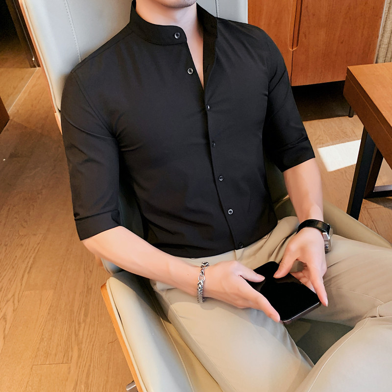 Online Celebrity Live Boyfriend Style Atmosphere Wear Puppies Handsome Small Vertical Collar Mid-Sleeve Shirt Slim-Fit Stretch Casual Men's Shirt