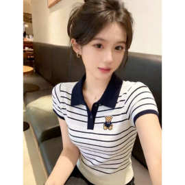 韩国！韩系刺绣小熊Polo领短袖针织衫减龄洋气撞色条纹显瘦上衣女