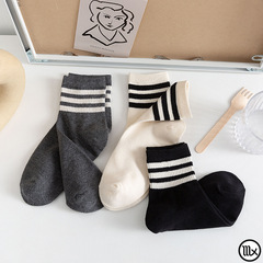 Black and White Grey Striped Knee-High Socks for Women and Girls - Spring and Summer Three-Striped Student Casual Cotton Socks - Basic and Versatile Striped Long Socks for Wholesale