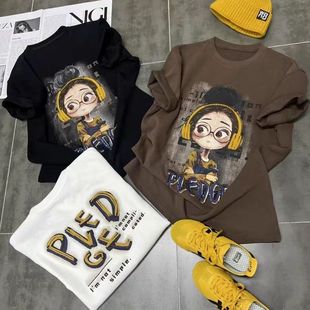 2025 Spring and Summer New Cotton Short-sleeved T-shirt Women's Mid-length Round Neck Loose Cartoon Girl's Printed Fashion Top