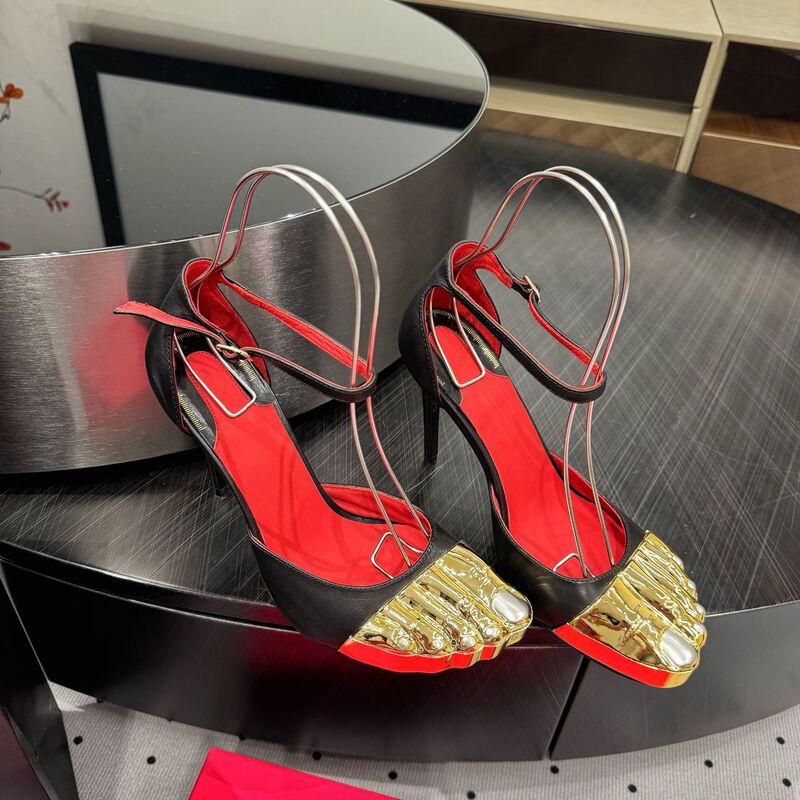 Guangzhou High-End Women's Gold Toe Sandals Summer New Stiletto Heel Buckle Wristband Foreign Trade High Heels