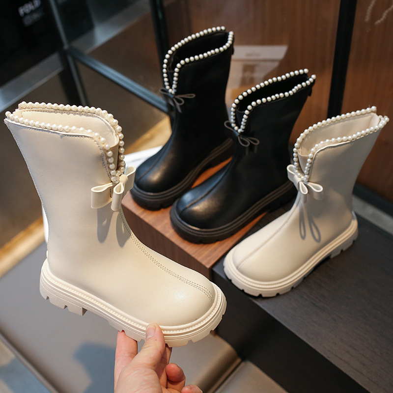 女童加绒短靴2025秋冬新款小女孩时尚蝴蝶结短筒靴珍珠公主二棉靴