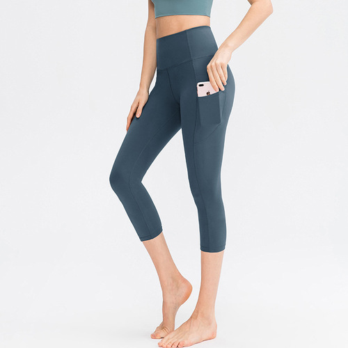 Nude-feeling double-sided skin-friendly yoga cropped pants with pockets, women's elastic tight-fitting butt-lifting fitness running pants 02338