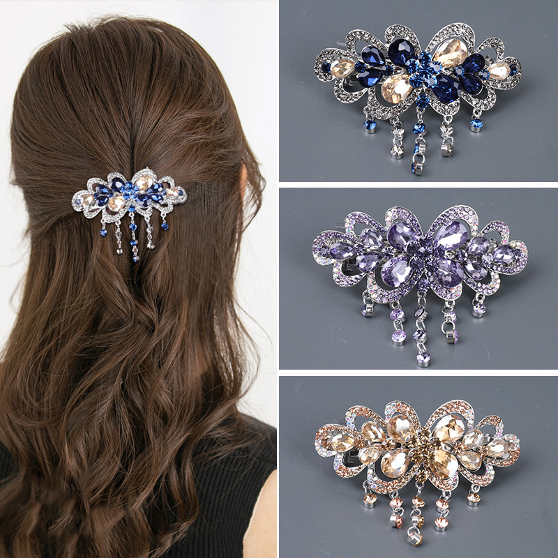 Blue Crystal Tassel Spring Clip Retro Palace Style Rhinestone Hairpin for Women Large Horizontal Clip High-End Hair Accessory Blue Crystal Tassel Spring Clip Retro Palace Style Rhinestone Hairpin for Women Large Horizontal Clip High-End Hair Accessory