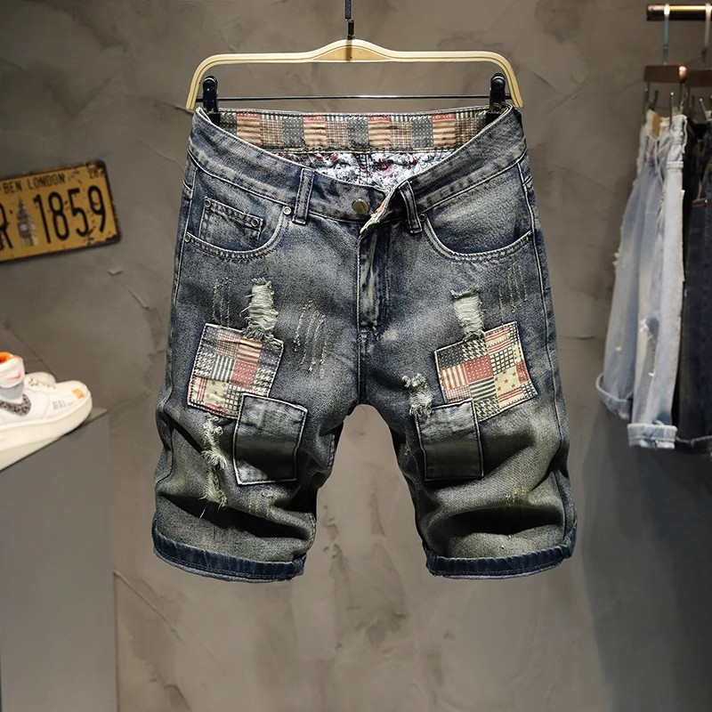 Men's Distressed Denim Shorts With Patch Details, Retro Ripped 5-Pocket Design, Slim Fit Stretchable Cargo Mid-Thigh Shorts For Summer_mkmklike.com