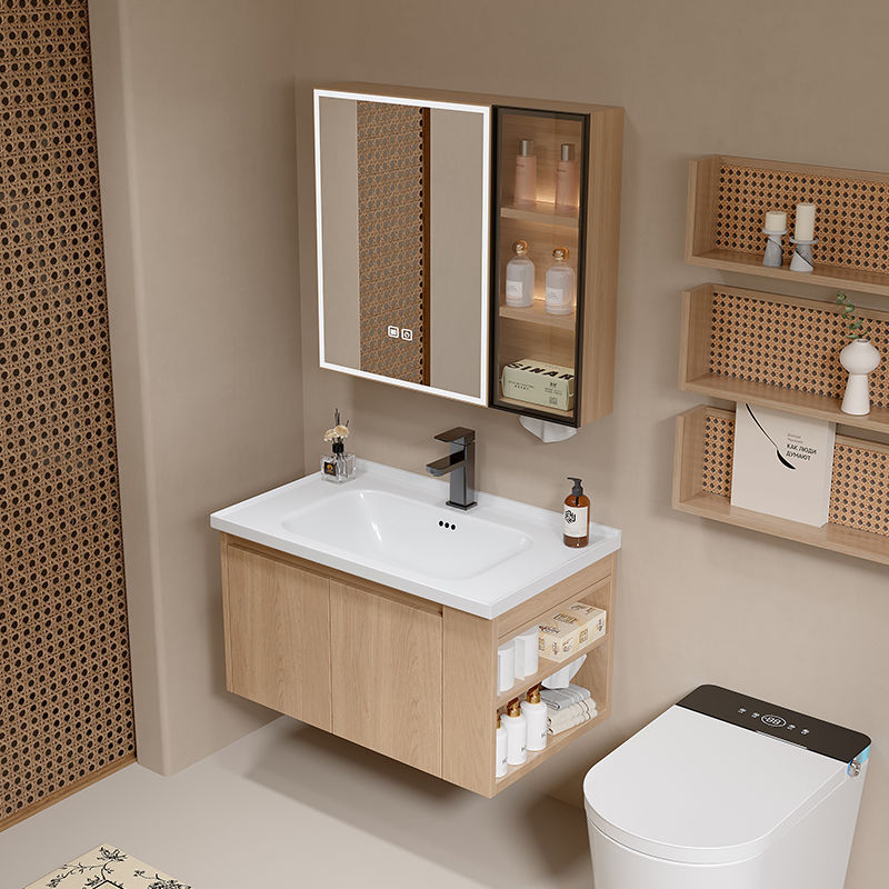 Log Color Honeycomb Aluminum Bathroom Cabinet with Side Storage Cabinet Ceramic Integrated Basin Washbasin Countertop Integrated Wash Basin Log Color Honeycomb Aluminum Bathroom Cabinet with Side Storage Cabinet Ceramic Integrated Basin Washbasin Countertop Integrated Wash Basin