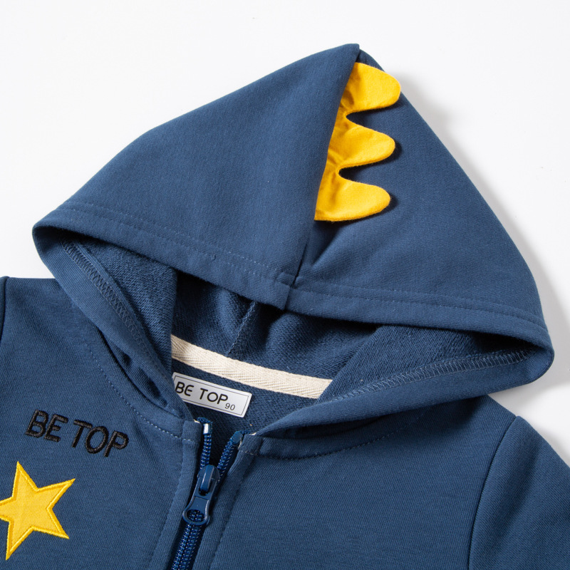 Abrigo de otoño para niños superior 2024 camisa de cremallera de bebé de algodón puro con capucha de dinosaurio de dibujos animados para niños nuevos