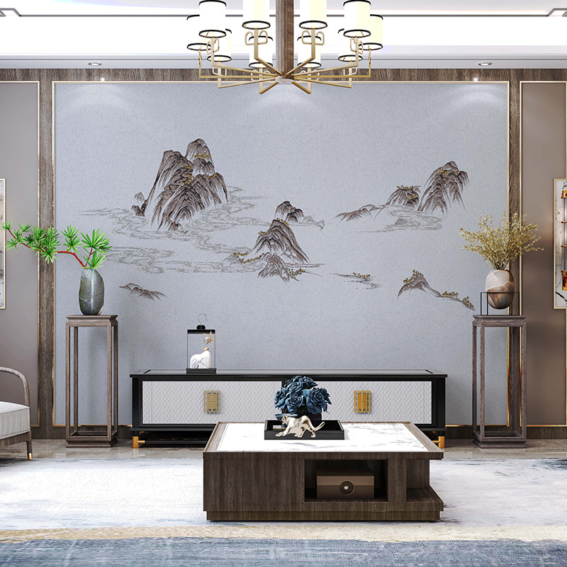 獨秀背景牆布高端壁布無縫高檔刺繡新中式沙發繡花整幅電視背景牆