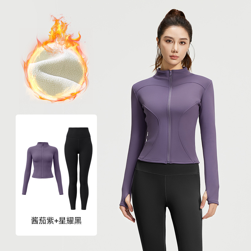Juyi Tang otoño y invierno más terciopelo engrosado conjunto de ropa de yoga desnudo sensación delgada alta elástica a prueba de viento conjunto de acondicionamiento físico mujer