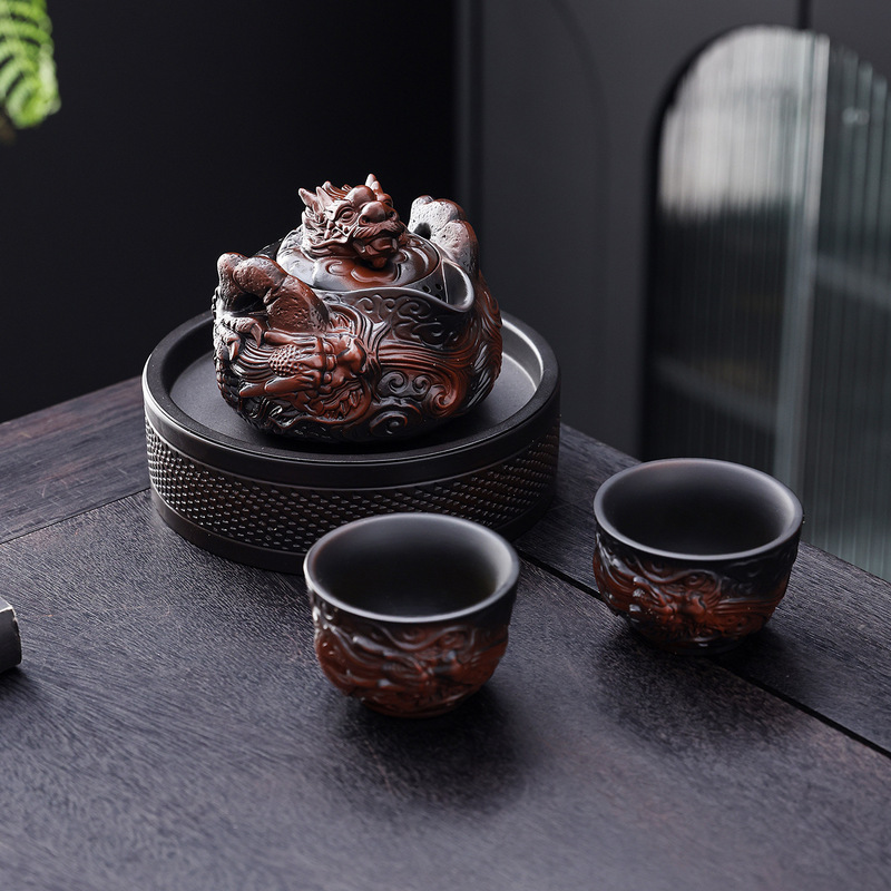紫陶全手工堆雕飞龙手抓壶旅行茶具不烫手一壶两杯功夫茶具套装|undefined