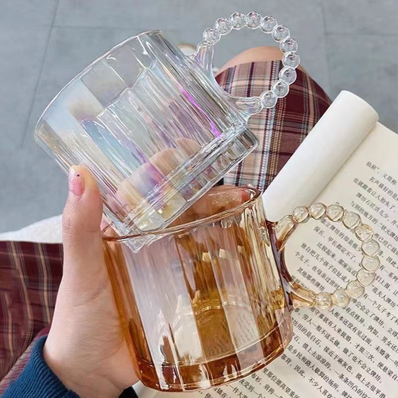 網紅玻璃珠珠把手杯創意大耳朵圓環馬克杯咖啡杯高顏值帶把手水杯