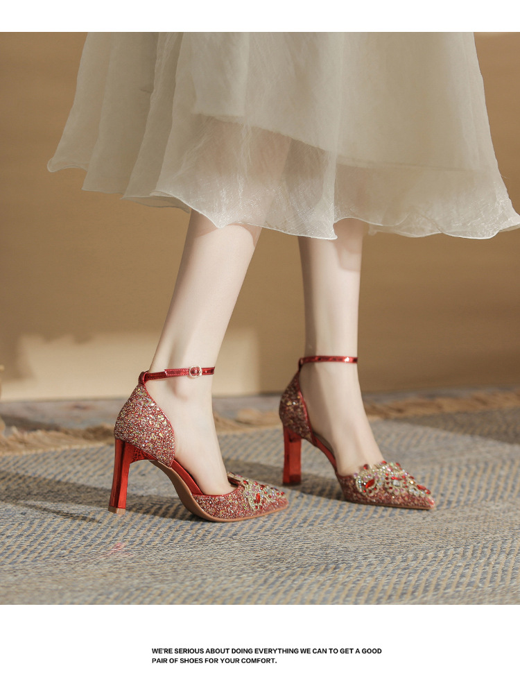Giày sandal cao gót nữ quai ngang mũi nhọn gót nhọn mùa xuân thu 2024 — Màu Sâm panh chi tiết 15