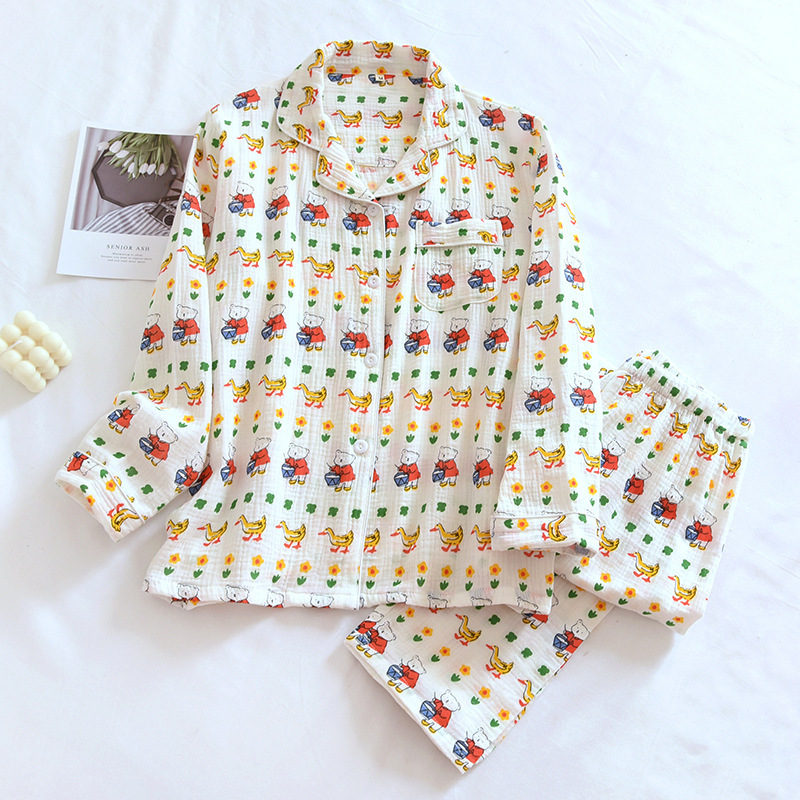 Crepe cotton pajamas suit women's four seasons thin soft crepe cardigan long sleeve trousers multi-pattern homewear