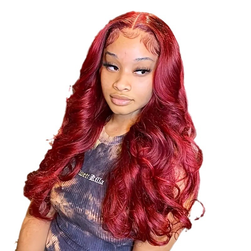 Front Lace Wig Front Lace Wig Women's Center Split Wine Red Large Wave Long Curly Hair Full Head Set Wholesale