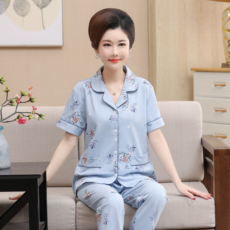 Pijama de algodón 100% de la madre de mediana edad verano de las mujeres pantalones de manga corta de mediana edad y ancianos solapa traje de desgaste para el hogar Suelto