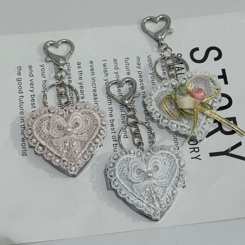 Ins Niche Lace Bow Silver Bow Heart Mirror Keychain Y2K Niche Bag Pendant
