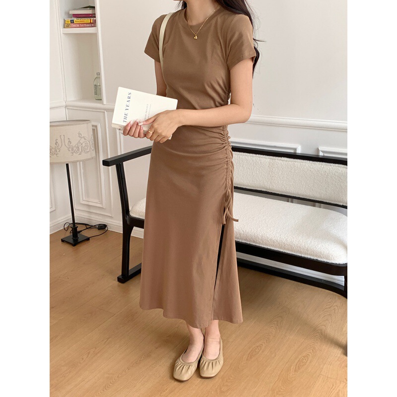 in stock Tall Lightened Over-knee Waist Tight Pleated Split Elegant Slimming Straight Short-sleeved T-shirt dress Women's Summer