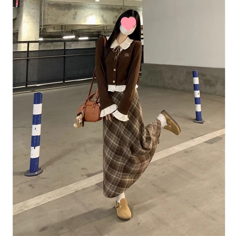 小个子美拉德穿搭复古格纹半身裙设计感拼接长袖上衣套装秋冬季女|undefined