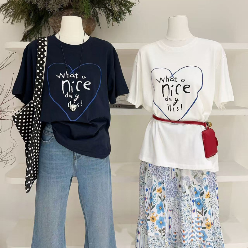 Korean-Style Sweet Lace Letter-Print Short-Sleeved T-Shirt for Women, New Summer Style, Loose Casual Design, Round-Neck Top
