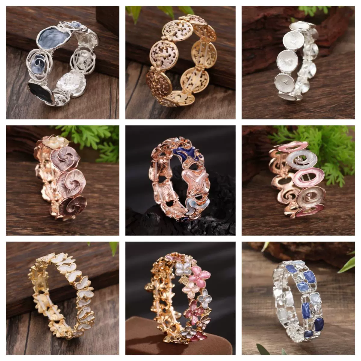 跨境热销珐琅彩镂空几何花朵弹力手镯 女士时尚高级感几何手链