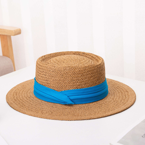 Straw hat women's new summer flat top big brim hat outdoor travel sun protection beach hat Internet celebrity hat wholesale