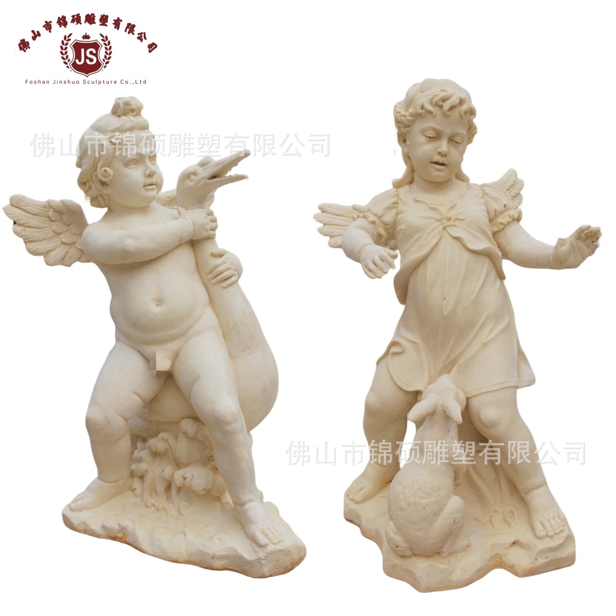 佛山厂家园林景观砂岩雕塑 骑鹅抱鱼小天使 欧式人物石料圆雕摆件