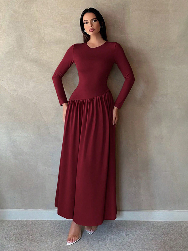 2025秋款 外贸欧美女装 时尚气质通勤外穿打底皱褶纯色长款连衣裙|undefined