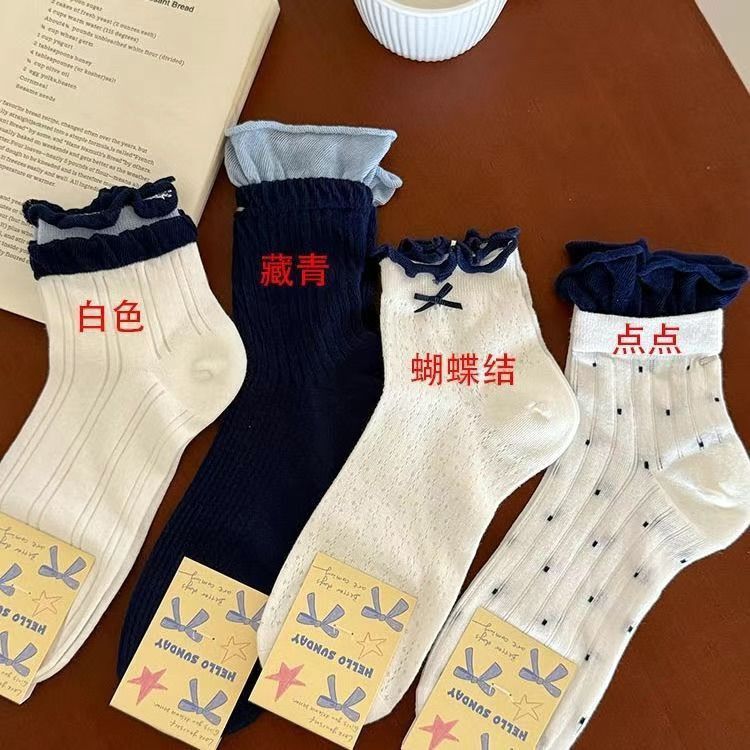 夏薄款日系蝴蝶结袜子女中筒木耳边配凉鞋白色网眼透气夏天薄花边|undefined