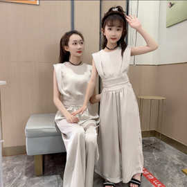 女童夏季法式套装2024新款洋气绑带背心气质无袖高腰时尚两件套潮