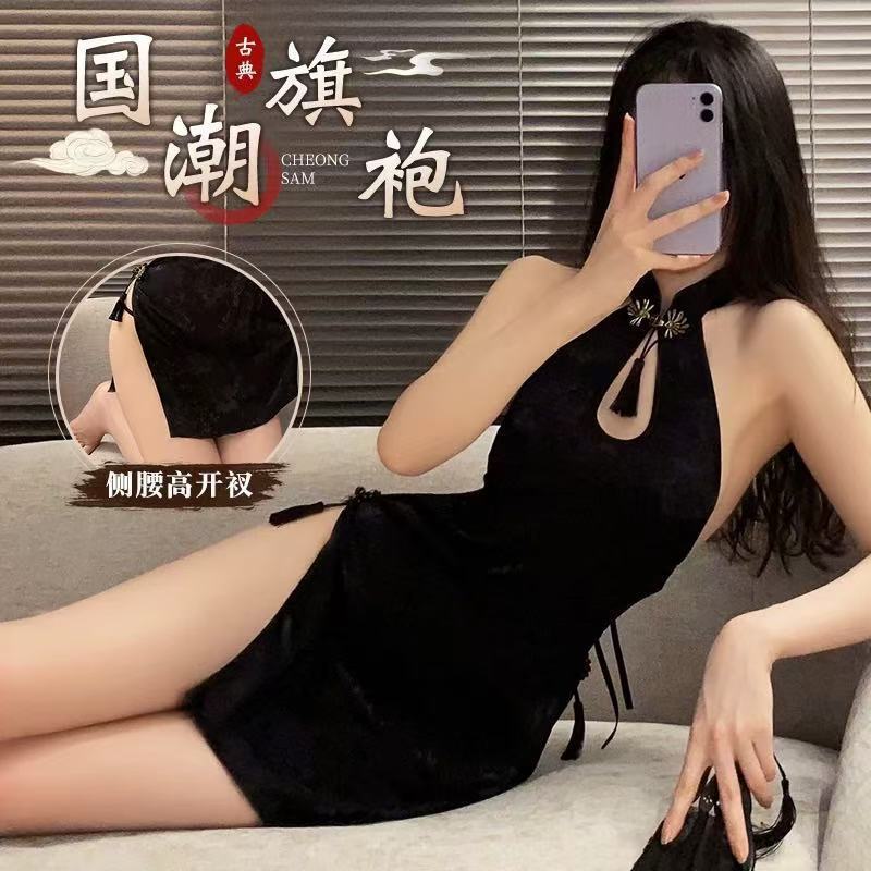 Sexy Lingerie, Sexy Backless High-Cut Chinese Cheongsam, Hollow Pure Desire Retro Suit, Hot Butt-Covering Passion Uniform