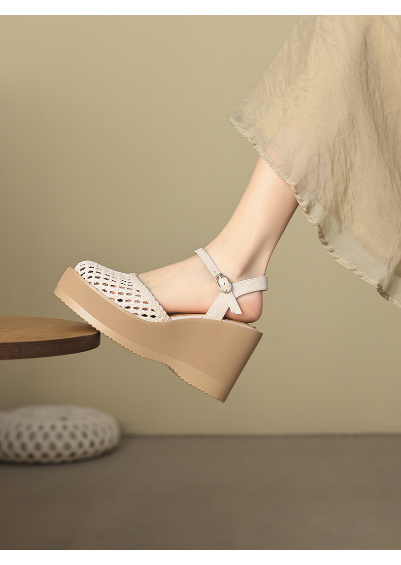 Sandal nữ da thật bít mũi đế xuồng cao gót 9 cm phong cách La Mã đan lưới — màu đen, màu trắng ngà chi tiết 14