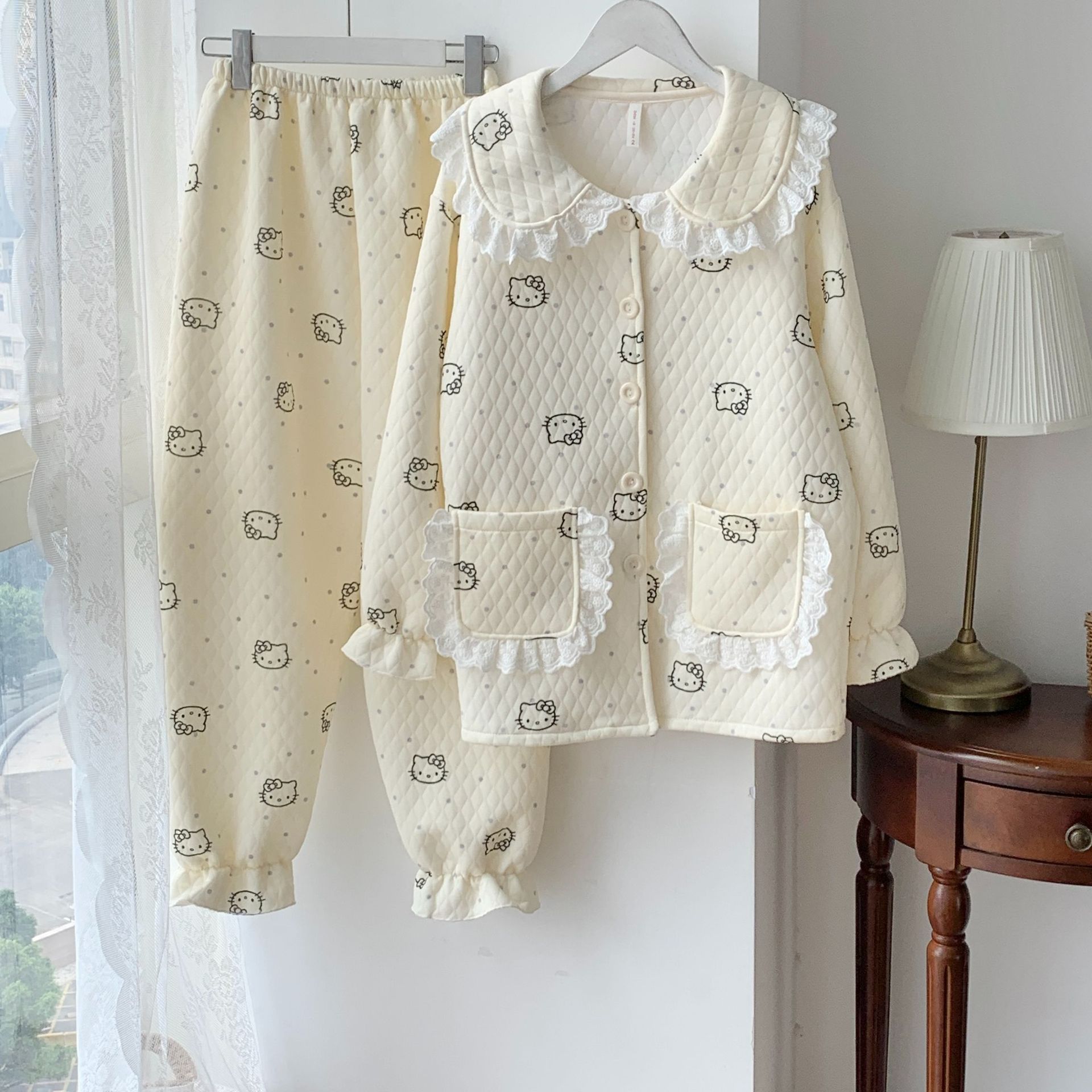 Cardigan de algodón de aire pijama de mujeres otoño invierno nuevo cuello de muñeca encaje coreano dulce engrosado intercalado conjunto de ropa para el hogar