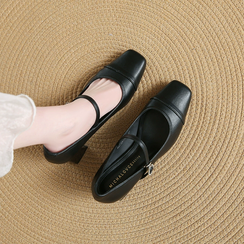 Туфли Мэри Джейн для женщин весна 2025, французский универсальный дизайн, толстый каблук, вечерний бриз, нежная весна и осень, маленькие кожаные туфли, оптовая продажа с фабрики