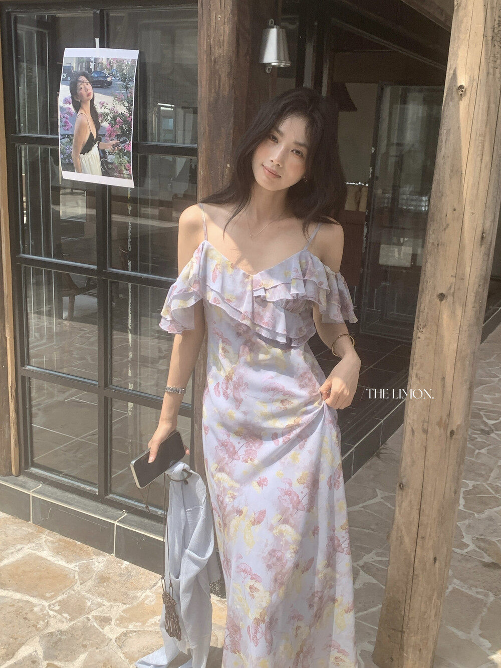 Đầm maxi nữ thắt eo cổ yếm họa tiết hoa nhí phong cách Pháp — màu tím chi tiết 6