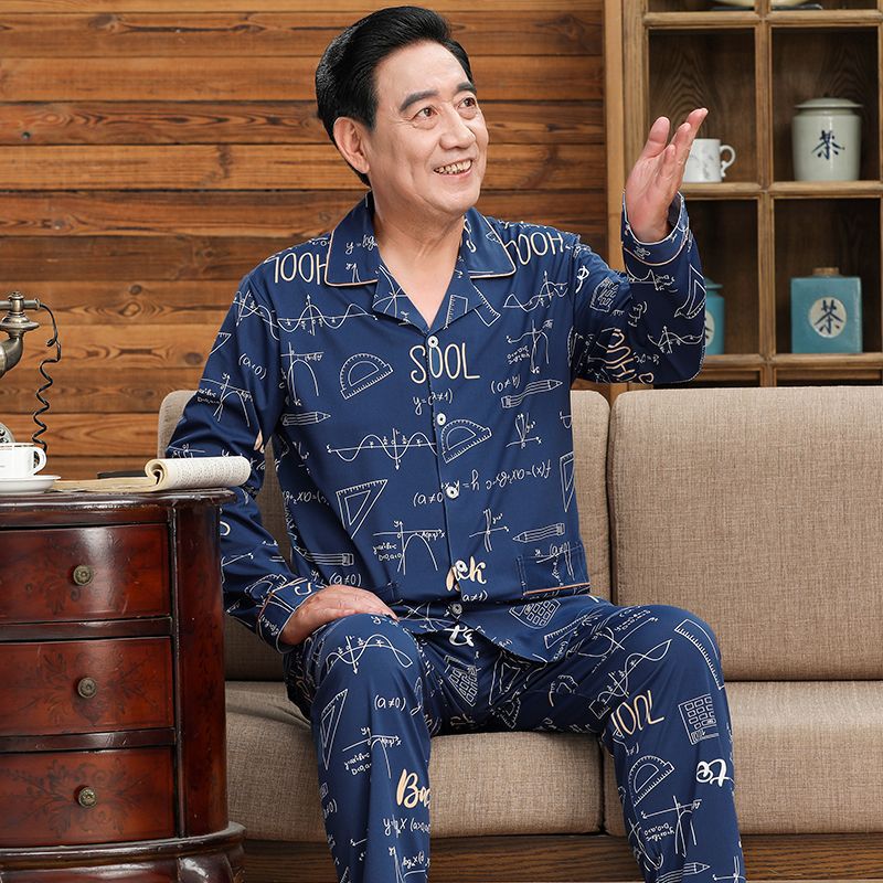 Pijamas de mediana edad y ancianos hombres 100% algodón primavera y otoño manga larga otoño e invierno más tamaño viejo papá traje de uso doméstico