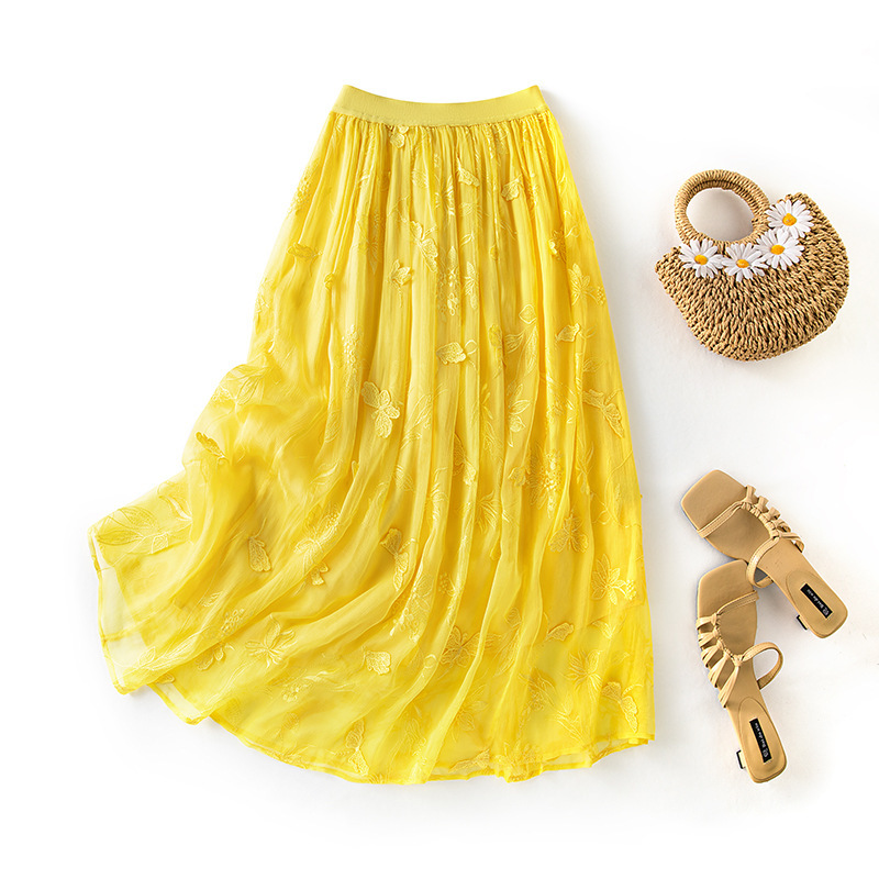 Three-dimensional Embroidery Embroidery Mulberry Silk Stitching Heavy Industry Solid Color Yellow Skirt with Large Waist and Large Swing 85055