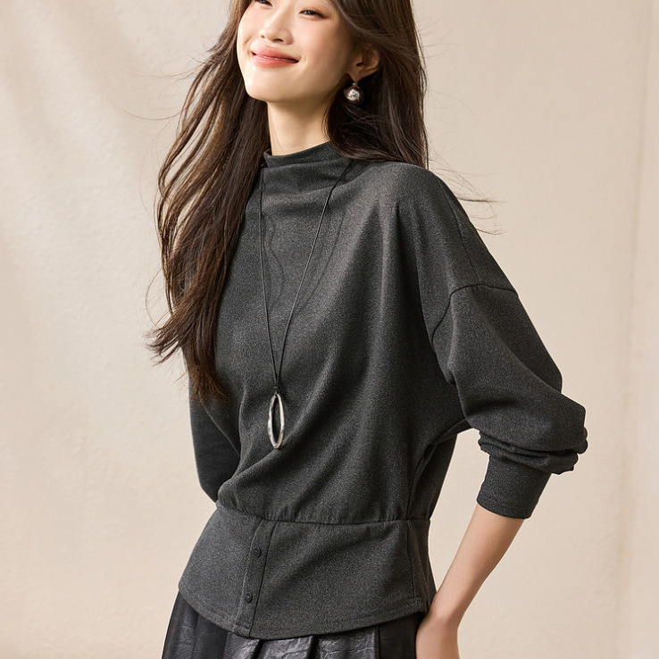 复古法式慵懒打底衫2025冬季新款蝙蝠袖收腰保暖打底衫