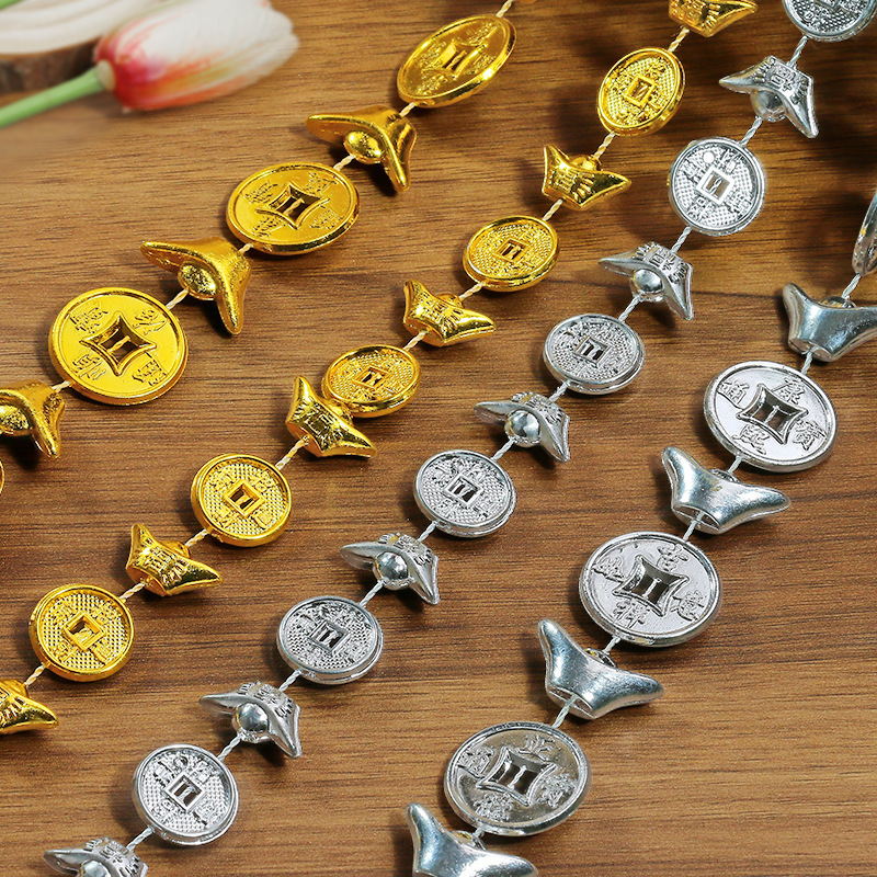 Plastic Electroplated Gold Yuanbao Bead Chain DIY Copper Coin Bead String Bead Curtain Festival Jewelry Mid-Autumn Festival Fold Tower Decorative Line Bead